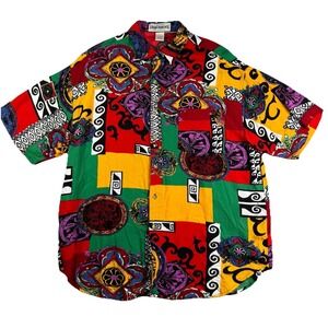 Vtg Union Bay Shirt Mens L Button Up Rayon Colorful Arts Short Sleeve
